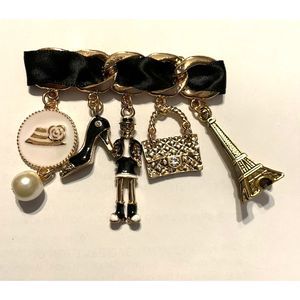 Brooch Pin with charms Satin Ribbon Gold Hardware